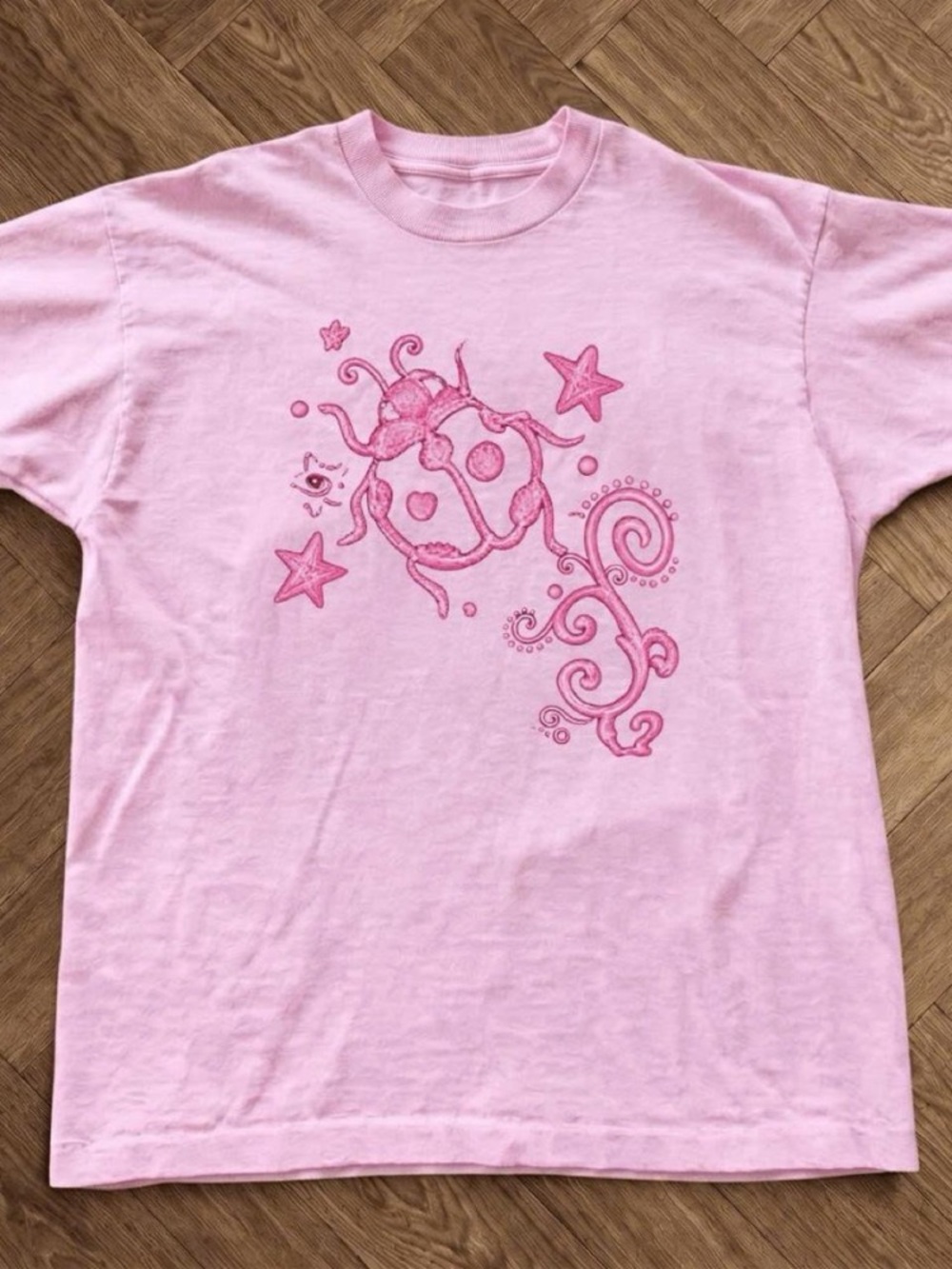 Ladybug Star Swirls Doodle Pink Vintage T-Shirt